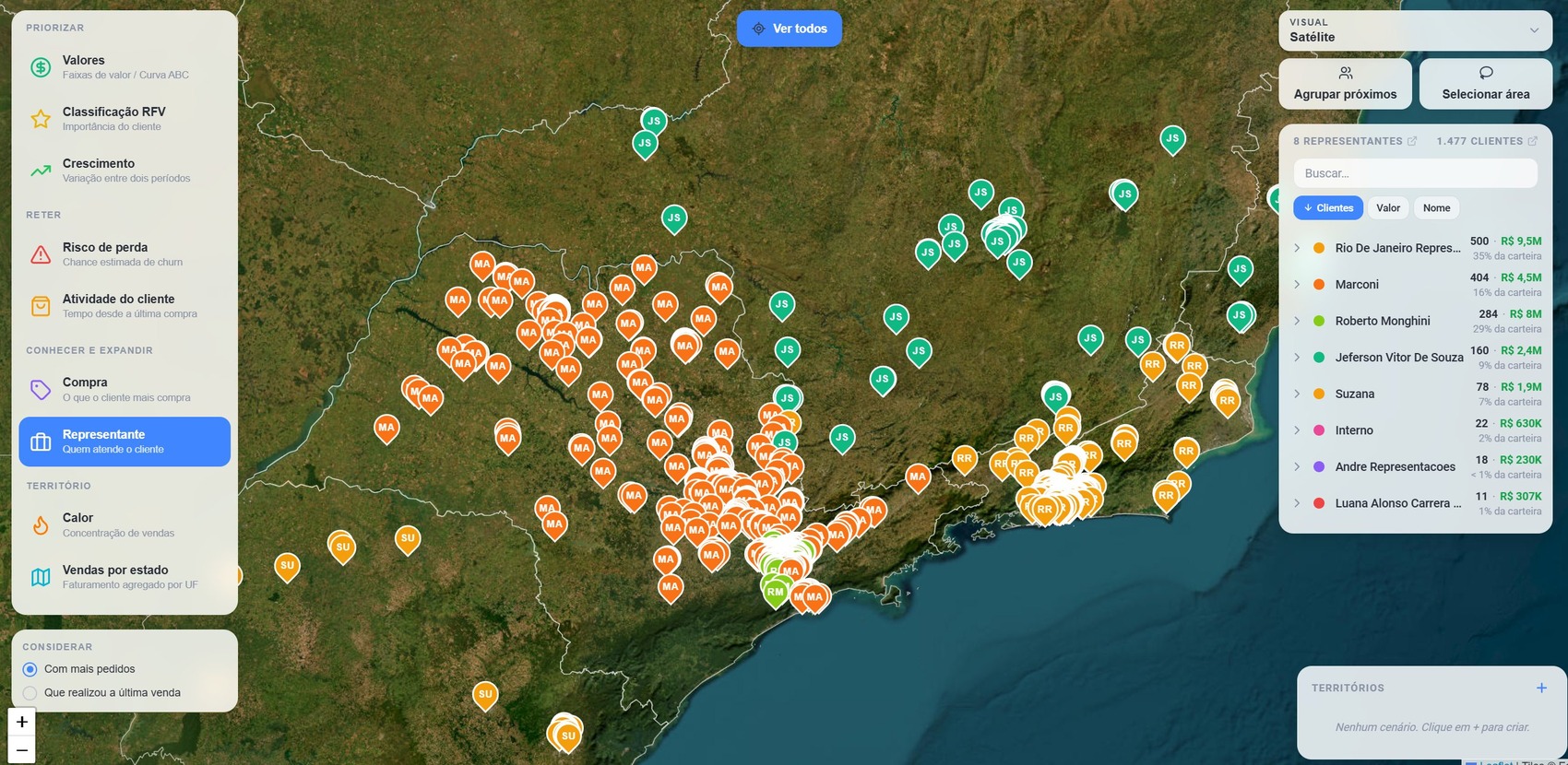 Mapa de territórios por representante no Salescope BI
