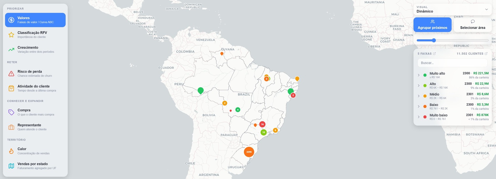Concentração dos maiores clientes no mapa