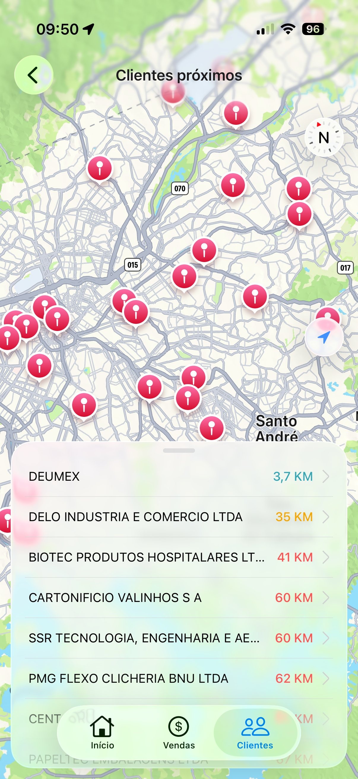 Clientes próximos no mapa, no app Salescope