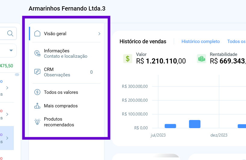 Abas do perfil do cliente: Visão geral, Informações, CRM, Todos os valores, Mais comprados e Produtos recomendados