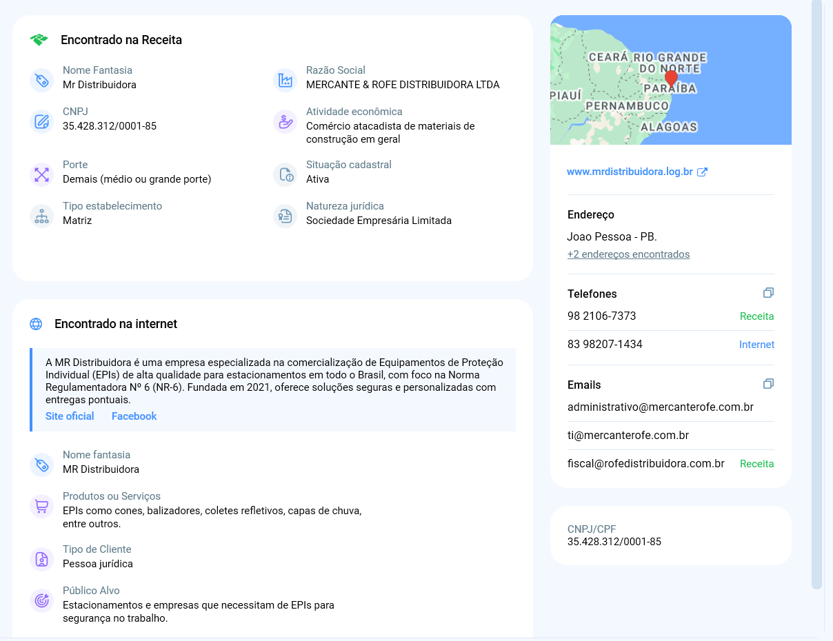 Aba Informações do cliente, com os dados encontrados na Receita, os encontrados na internet, o mapa, o site, o endereço, os telefones e os e-mails