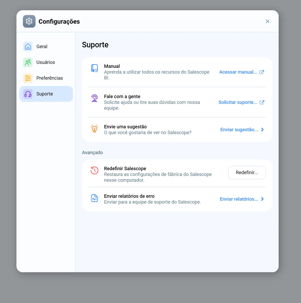 Tela Suporte das Configurações do Salescope BI, com Acessar manual, Solicitar suporte, Enviar sugestão, Redefinir e Enviar relatórios