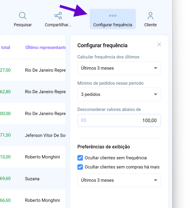 Painel Configurar frequência, com o período do cálculo, o mínimo de pedidos, o valor mínimo e as preferências de exibição