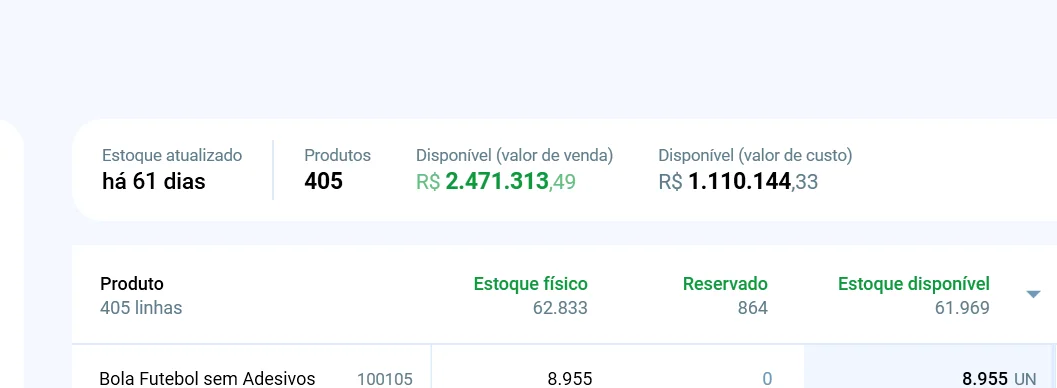 Totais da Consulta de estoque: data da atualização, quantidade de produtos, valor de venda e valor de custo do estoque disponível