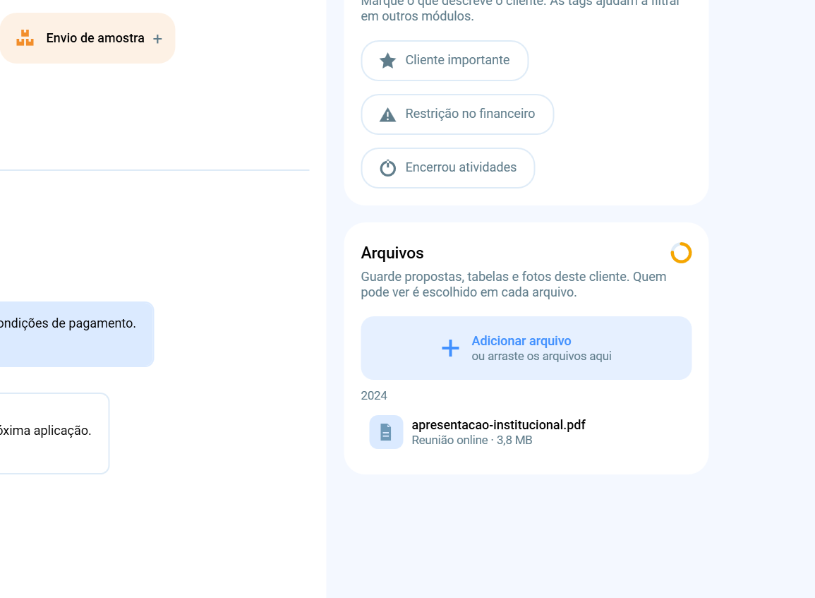 Tags do cliente e bloco Arquivos, com o botão Adicionar arquivo e um PDF guardado