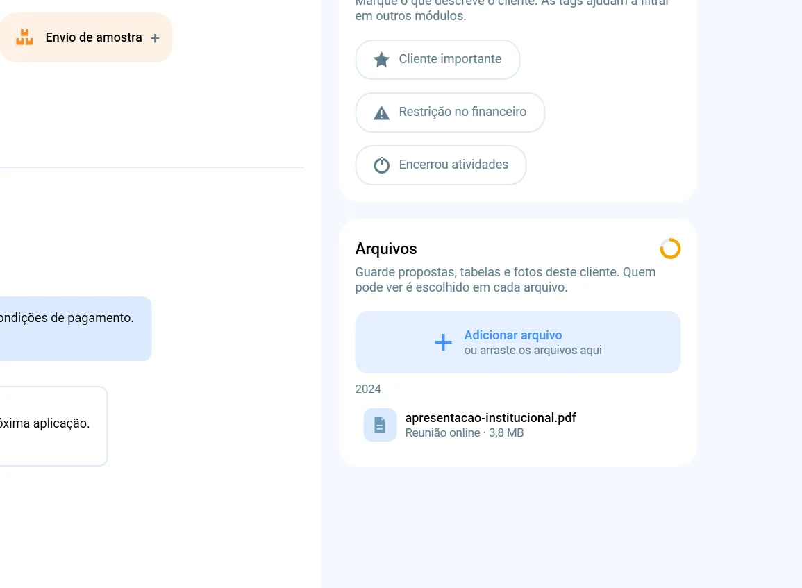 Tags do cliente e bloco Arquivos, com o botão Adicionar arquivo e um PDF guardado