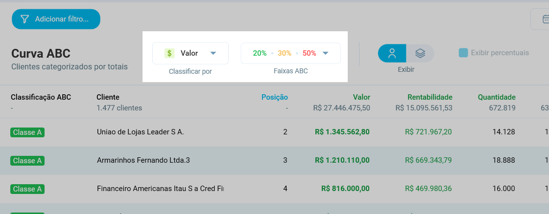 Controles Classificar por e Faixas ABC da Curva ABC