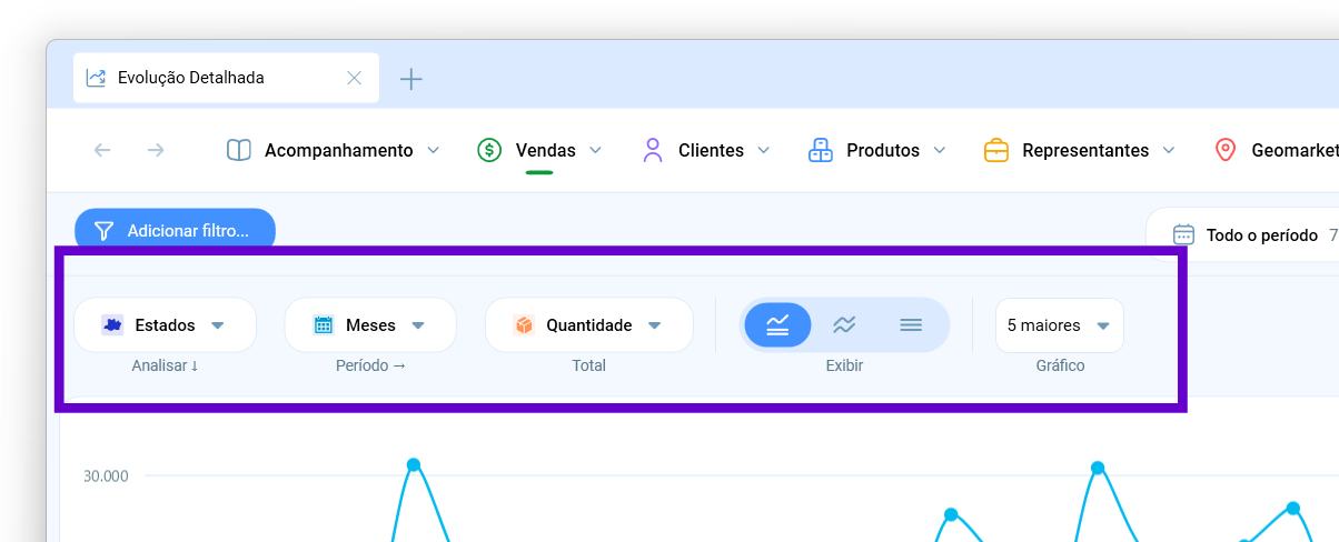 Controles Analisar, Período, Total, Exibir e Gráfico da Evolução Detalhada