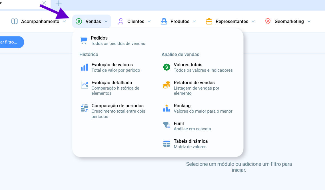 Menu Vendas do Salescope BI, com Pedidos, os módulos de Histórico e os de Análise de vendas