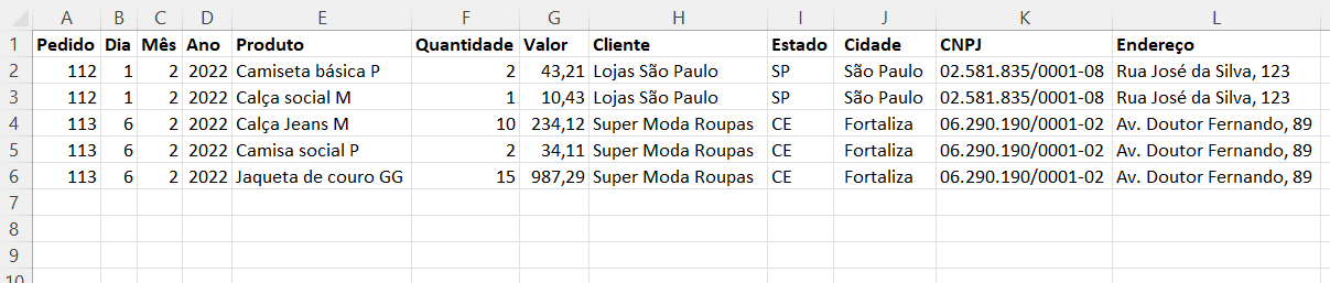 Layout do arquivo de integração