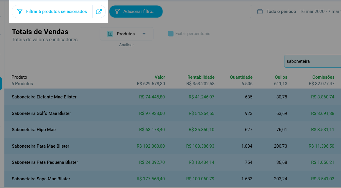 Botão Filtrar 6 produtos selecionados no topo do módulo, ao lado de Adicionar filtro