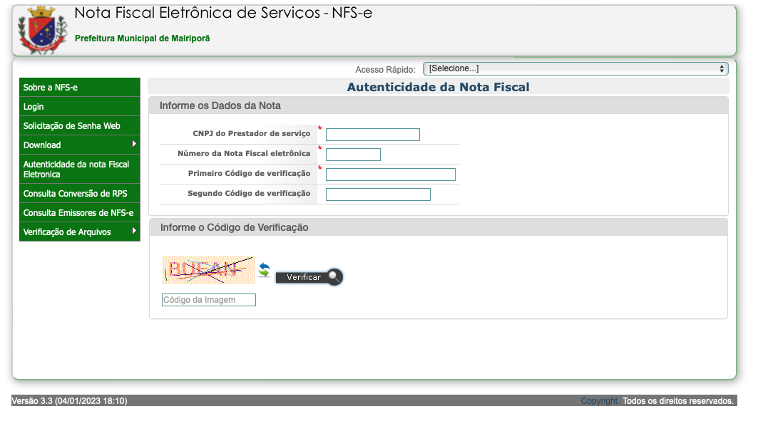 Formulário da NF de Mairiporã