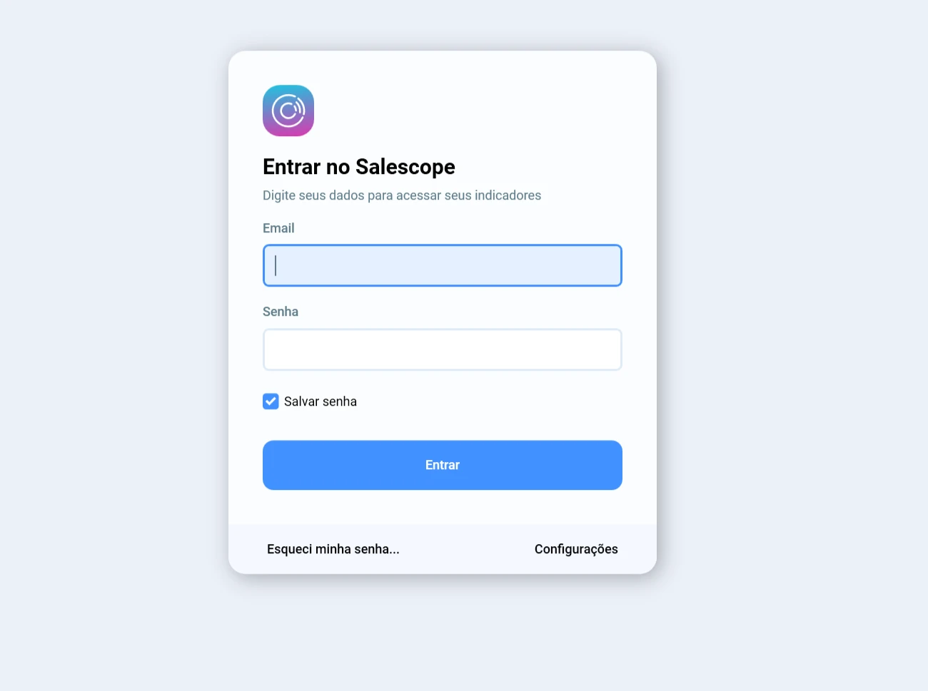 Tela Entrar no Salescope, com os campos Email e Senha e o link Esqueci minha senha no canto inferior esquerdo
