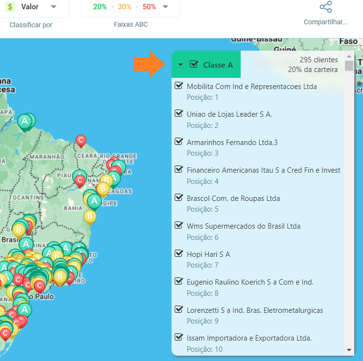 Clientes tipo A no mapa