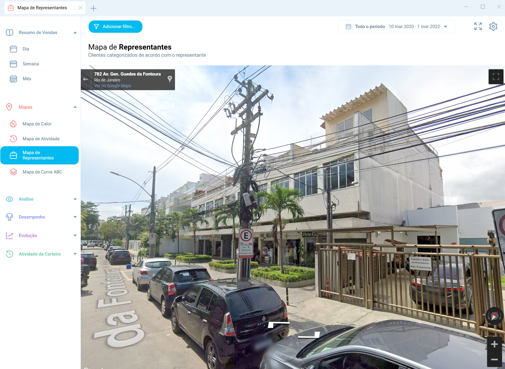 Mapa de representantes: Streetview do cliente