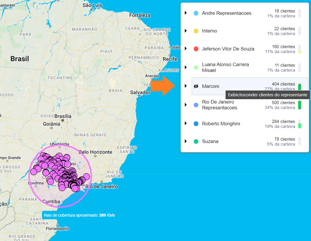 Clientes de um representante no mapa