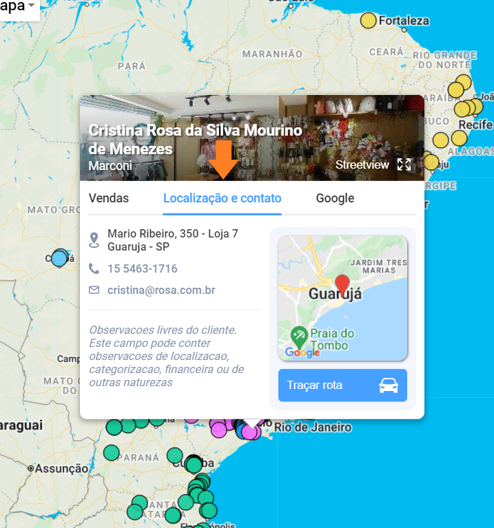 Mapa de representantes: Localização de contato