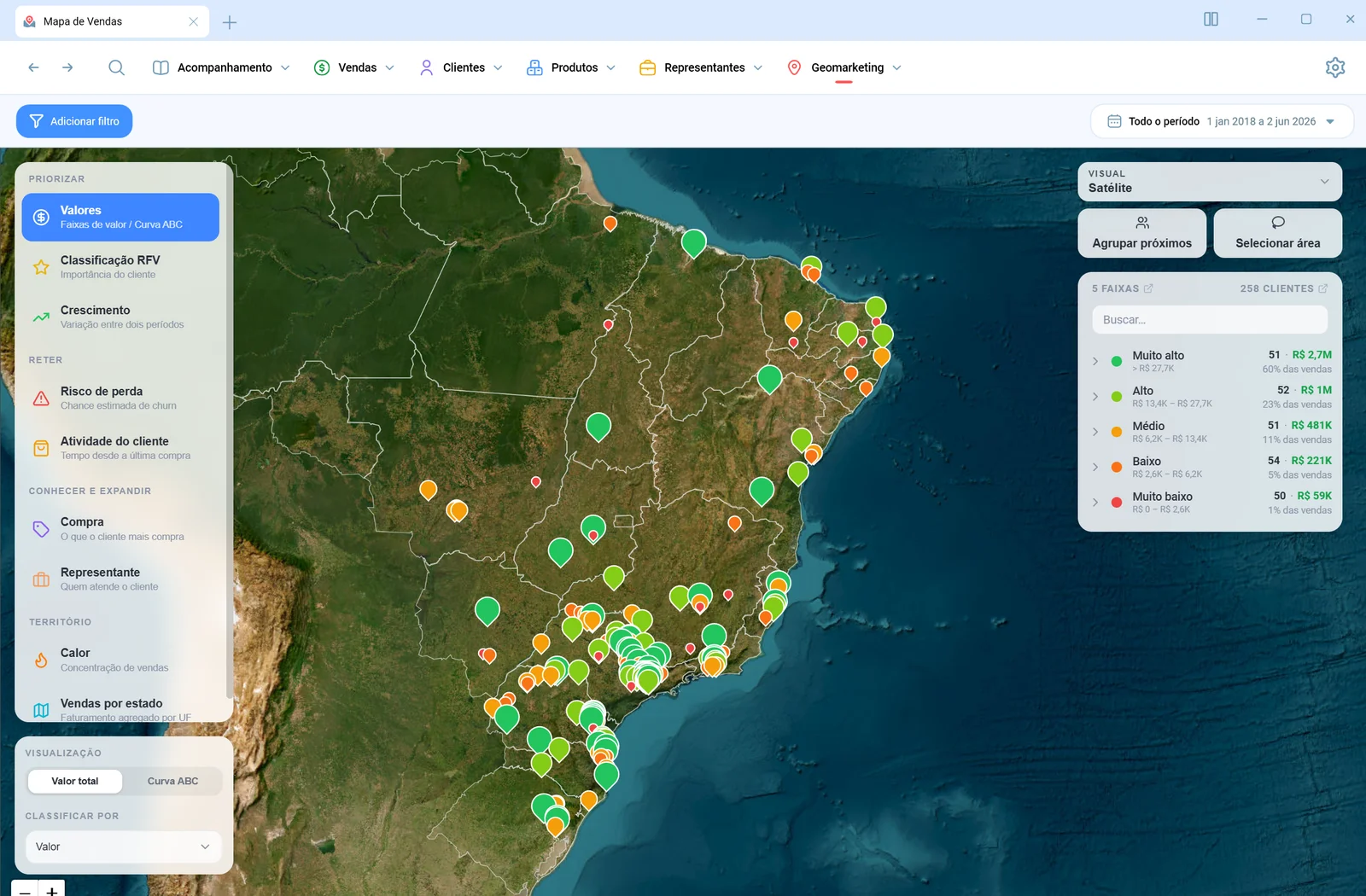 Módulo Mapa de Vendas do Salescope BI, com os tipos de mapa à esquerda, os clientes no mapa e a legenda à direita