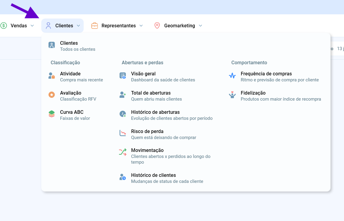 Menu Clientes do Salescope BI, com o módulo Clientes e os grupos Classificação, Aberturas e perdas e Comportamento
