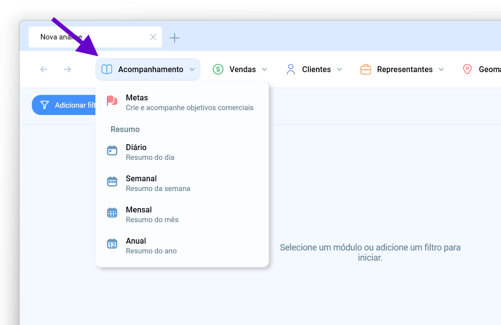 Menu Acompanhamento do Salescope BI, com Metas e os resumos Diário, Semanal, Mensal e Anual
