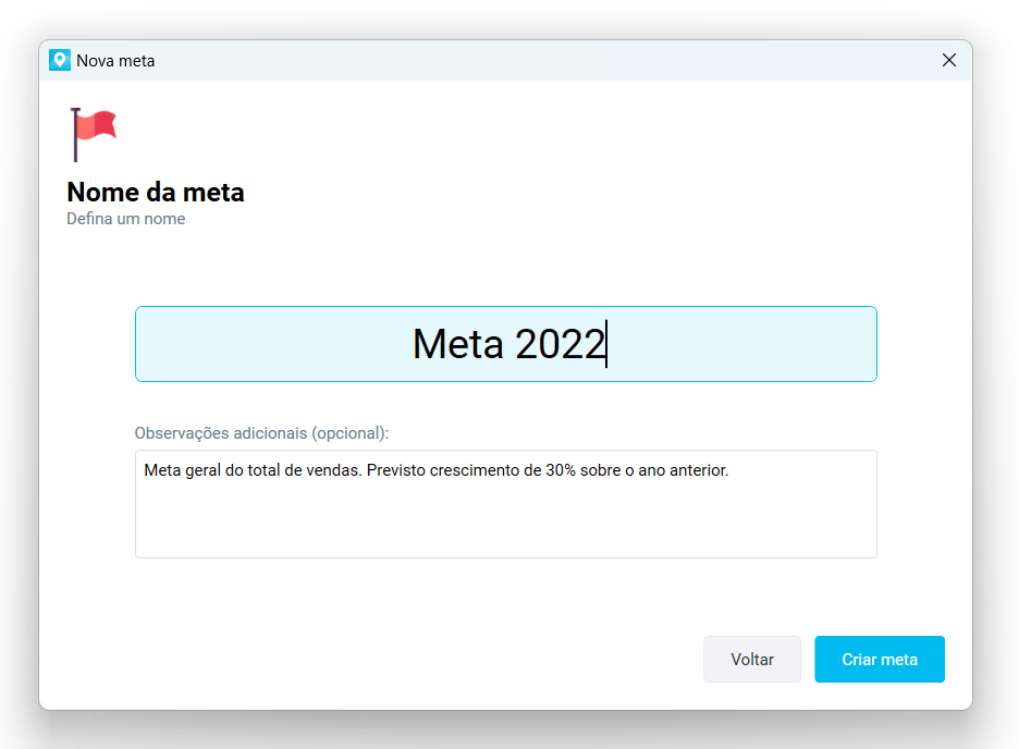Tela Nome da meta, com o nome Meta 2022 e uma observação
