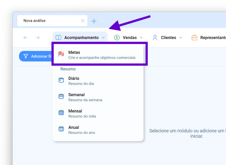 Menu Acompanhamento aberto com o módulo Metas em destaque