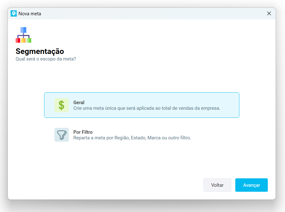 Tela Segmentação da nova meta, com as opções Geral e Por Filtro