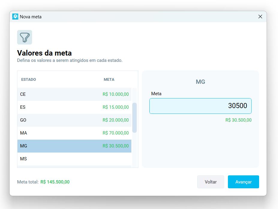 Tela Valores da meta por estado, com a lista de estados à esquerda e o campo Meta do estado MG à direita