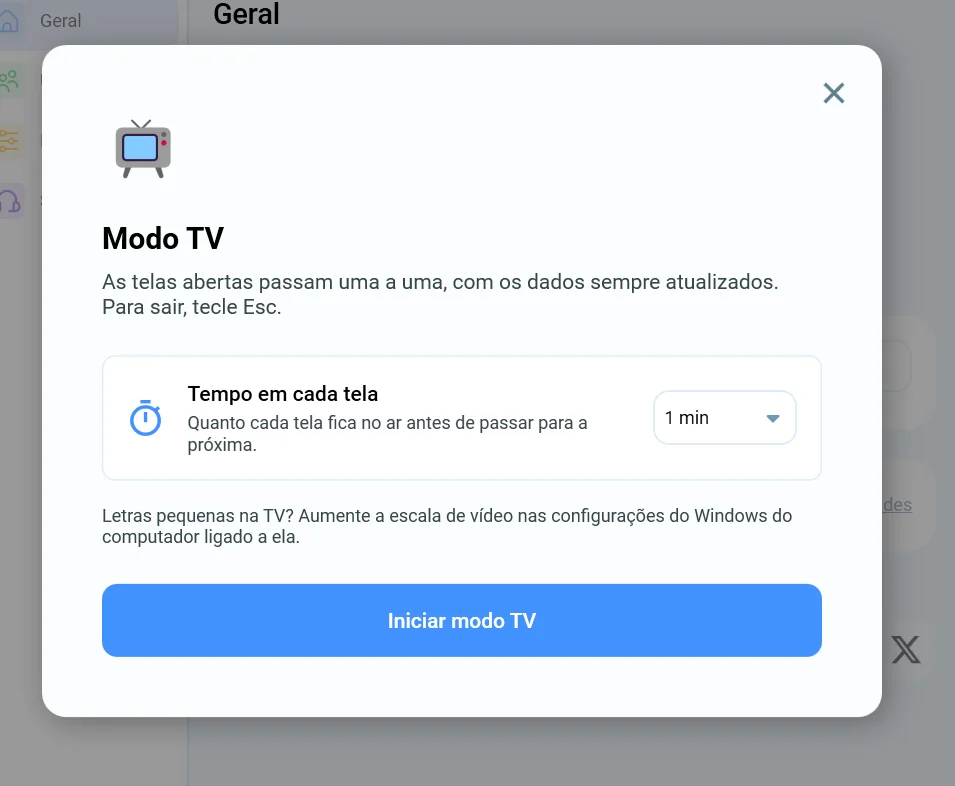 Janela Modo TV, com a escolha do tempo em cada tela e o botão Iniciar modo TV