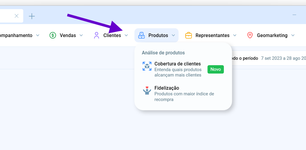 Menu Produtos do Salescope BI, com os módulos de análise de produtos e de estoque