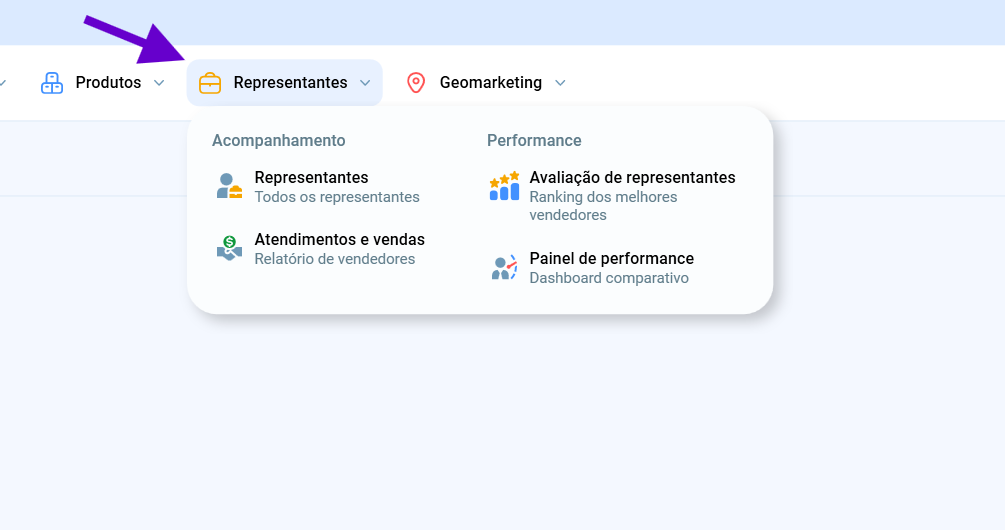 Menu Representantes do Salescope BI, com os grupos Acompanhamento e Performance