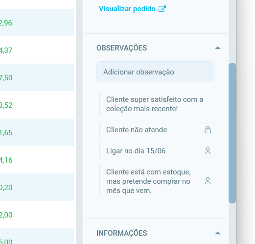 Painel de cliente - Observações