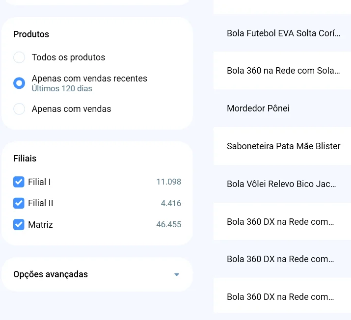 Filtros da Previsão de estoque: produtos, filiais e opções avançadas