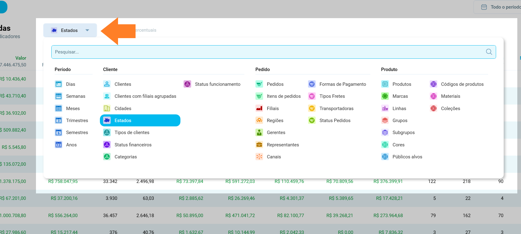 Lista Analisar do Relatório de Vendas, com as informações agrupadas em Período, Cliente, Pedido e Produto