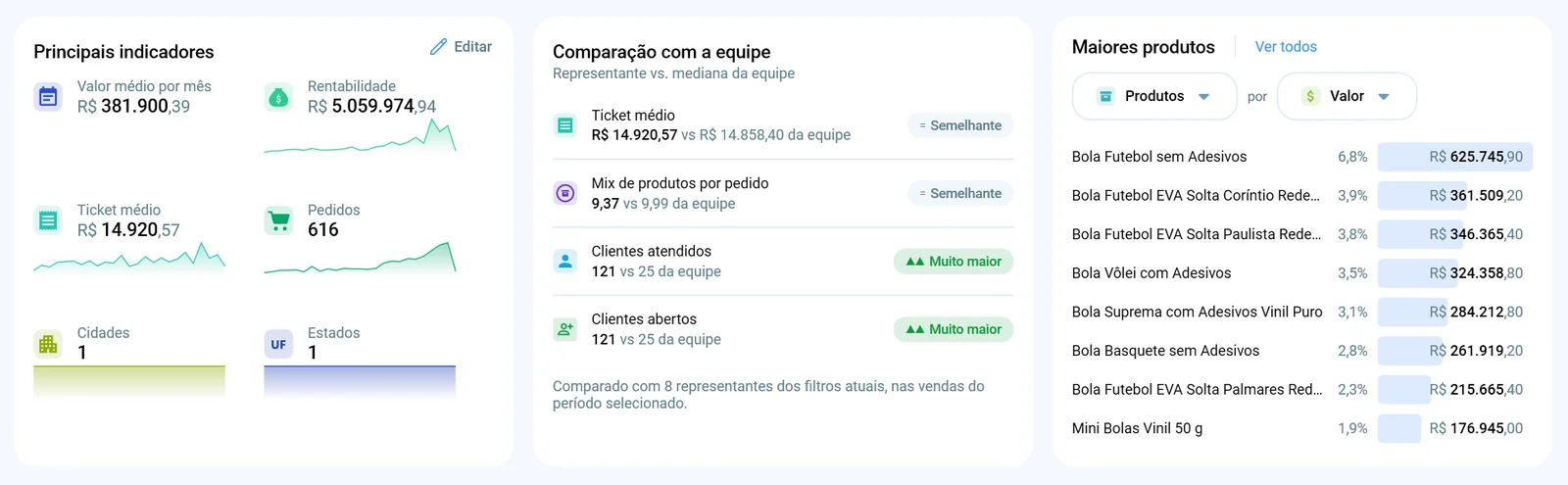 Parte de baixo do bloco Performance do módulo Representantes, com os principais indicadores, a comparação com a equipe e os maiores produtos do representante