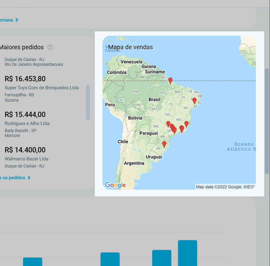 Mapa de vendas do Resumo da Semana, com os clientes da semana marcados no Brasil