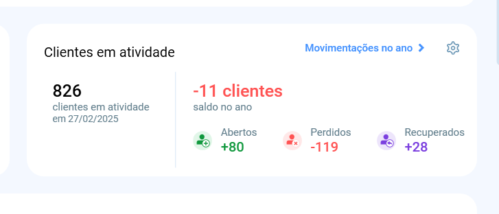 Bloco Clientes em atividade do Resumo do Ano, com 826 clientes ativos e saldo de -11 no ano: 80 abertos, 119 perdidos e 28 recuperados