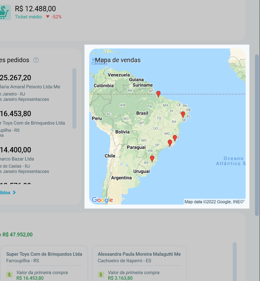 Mapa de vendas do Resumo do Dia, com os clientes que compraram no dia marcados no Brasil