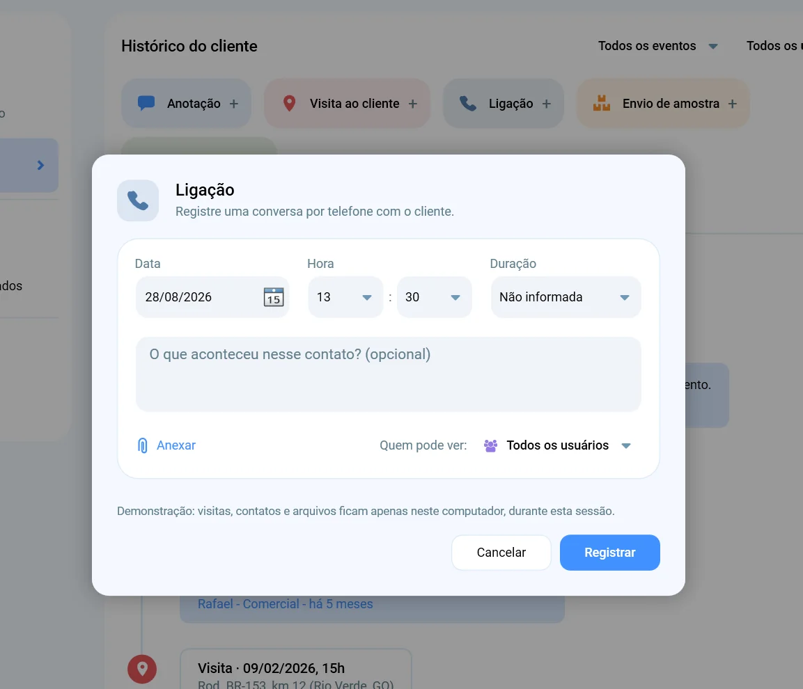 Janela para registrar uma ligação no CRM, com data, hora, duração, descrição, anexo e quem pode ver