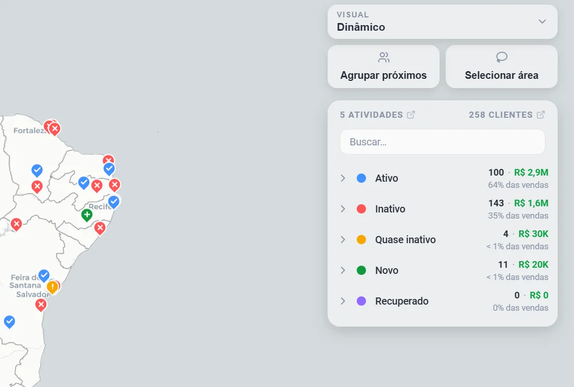 Painel direito do Mapa de Vendas com o seletor Visual, os botões Agrupar próximos e Selecionar área e a legenda de atividades com quantidade e valor por categoria