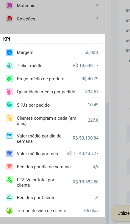 Seção KPI da lista de valores, com margem, ticket médio, preço médio de produto, SKUs por pedido, LTV e tempo de vida de cliente
